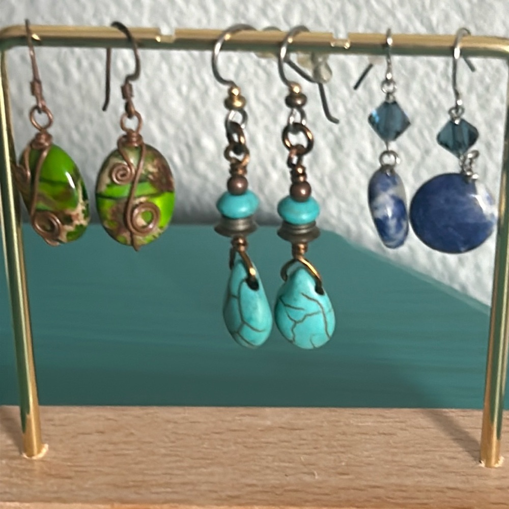 3 Pair Handcrafted Natural Semi-Precious Gemstone Sodalite Howlite Drop Earrings